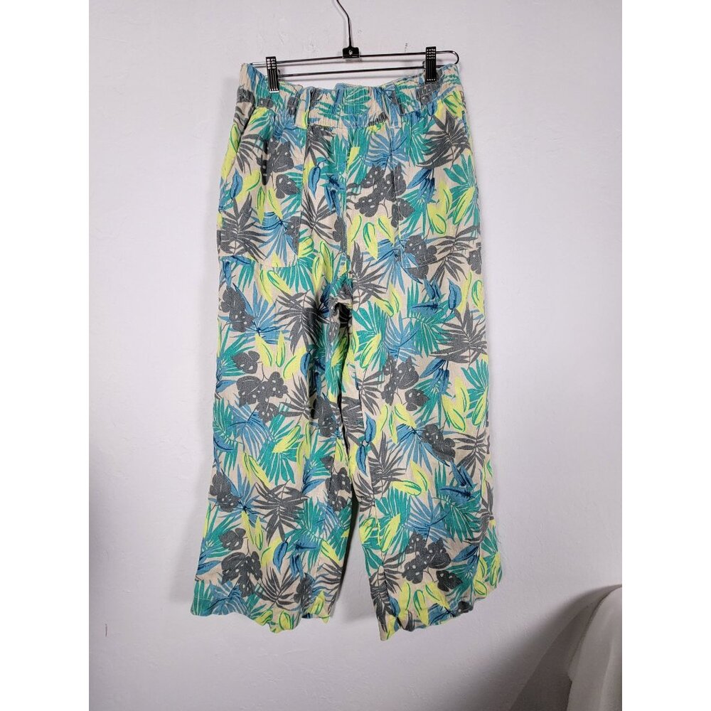 Lands End Women Floral Linen Pants Size 10 Mid Rise Cropped Straight Leg Pull-On